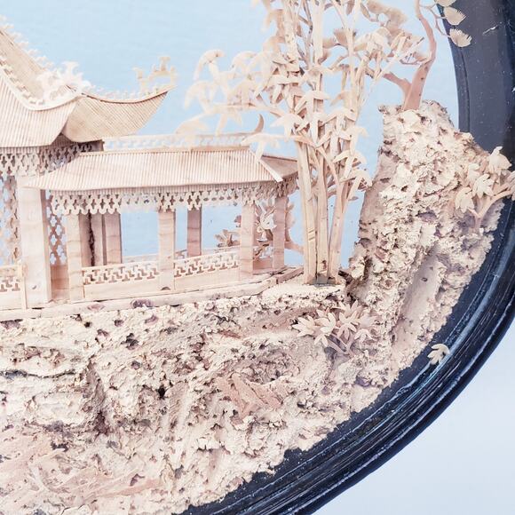 Vintage Chinese Diorama Cork Art Carving Glass Case~Pagoda/Trees/Cranes - Picture 9 of 10